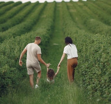 Happy family walking together through a lush green field enjoying nature and togetherness.